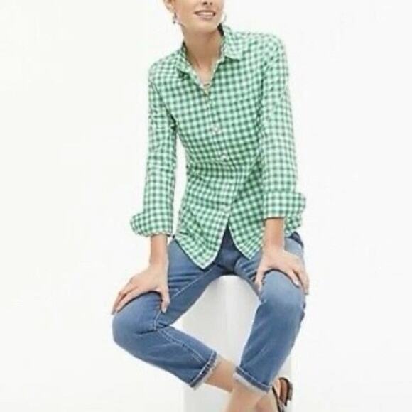 J CREW Stretch Perfect Gingham Button Down Shirt Medium Green White - Picture 1 of 6